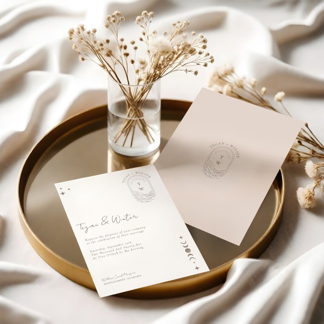 Convites Monograma de Lua e Estrelas Holísticas Mínimas (Minimal Celestial Holistic Moon & Stars Monogram Invitation)