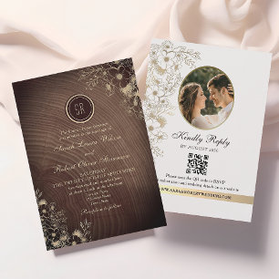 Convites Monograma de Madeira Escura Foto QR Casamento
