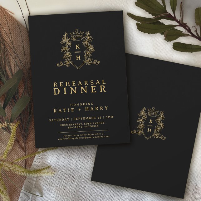 Convites Monograma de ouro, ensaio de casamento preto (Criador carregado)
