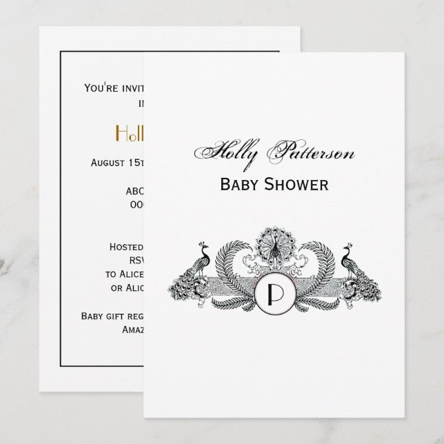 Convites Monograma de Pavões Antigos Marfim BG (Frente/Verso)