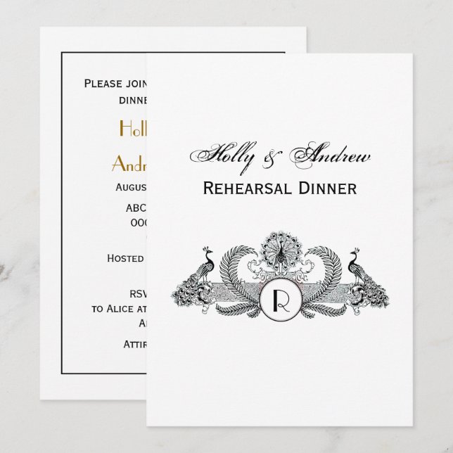 Convites Monograma de Pavões Vintage (Frente/Verso)