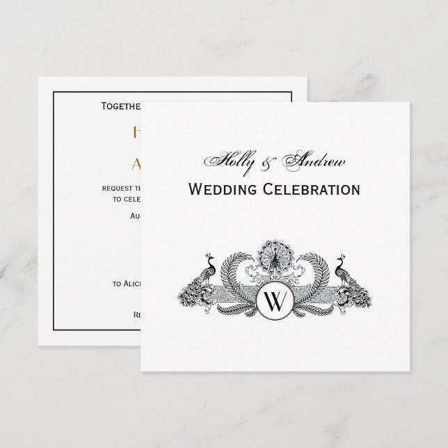 Convites Monograma de Pavões Vintage (Frente/Verso)