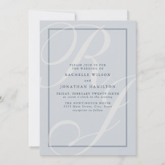 Convites Monograma de Script de Casamento Azul Elegante