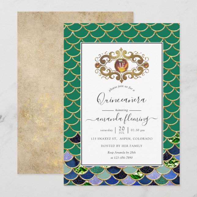 Convites Monograma de Turquesa e Dourado Pedra Preciosa Ser (Frente/Verso)