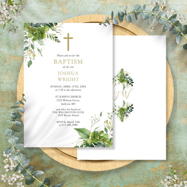 Convites Monograma de Verde de Eucalipto Batismo Crisma (Eucalyptus Greenery Monogram Baptism Christening Invitation)