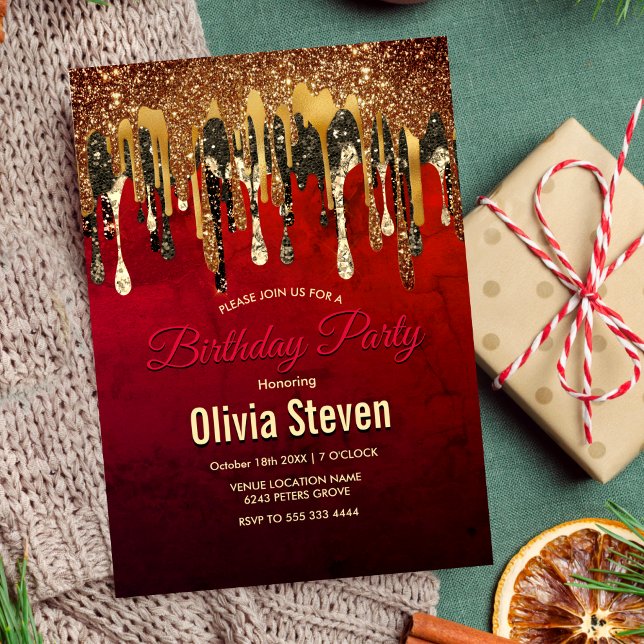 Convites Monograma do brilho vermelho preto e dourado (Criador carregado)