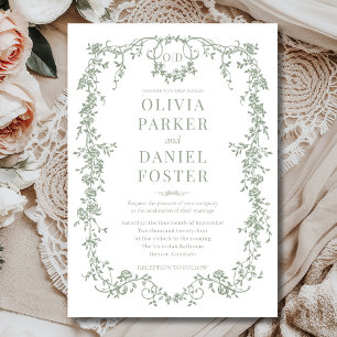 Convites Monograma do Casamento Verde Sage francês vitorian