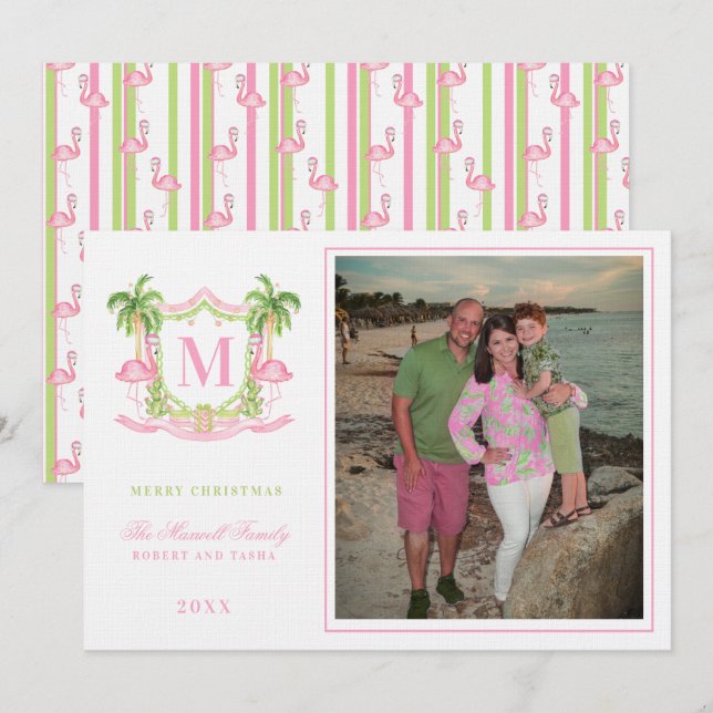 Convites Monograma do Flamingo Crest de Pré-Papoila de Nata (Frente/Verso)