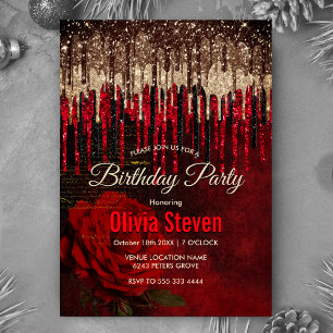 Convites Monograma do ouro de flores vermelhas quic