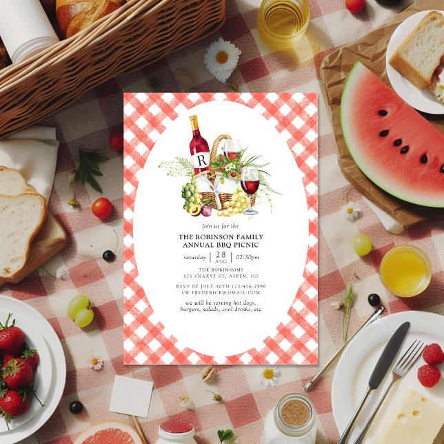Convites Monograma do Picnic do CHURRASCO Rustic Red Gingha (Rustic Red Gingham BBQ Picnic Monogram Invitation)