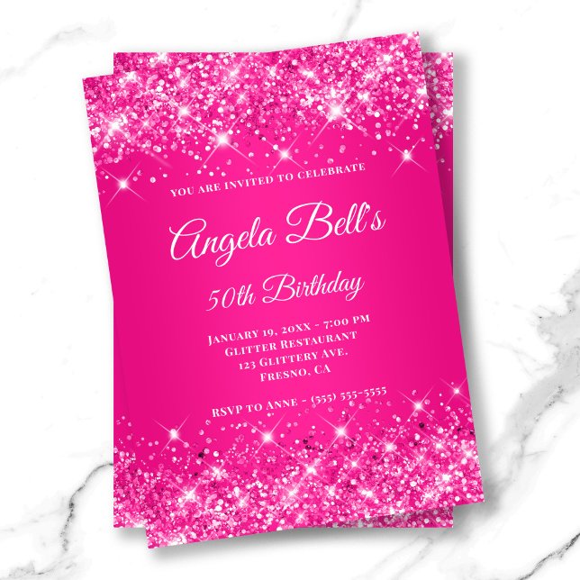Convites Monograma do Rico de Mão Rosa Quente da Glittery (Glittery Hot Pink Ombre Fancy Monogram Invitation)