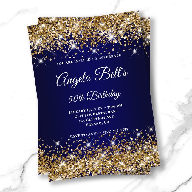 Convites Monograma do Rico de Ombro Azul com Marinho brilha (Gold Glitter Navy Blue Ombre Fancy Monogram Invitation)