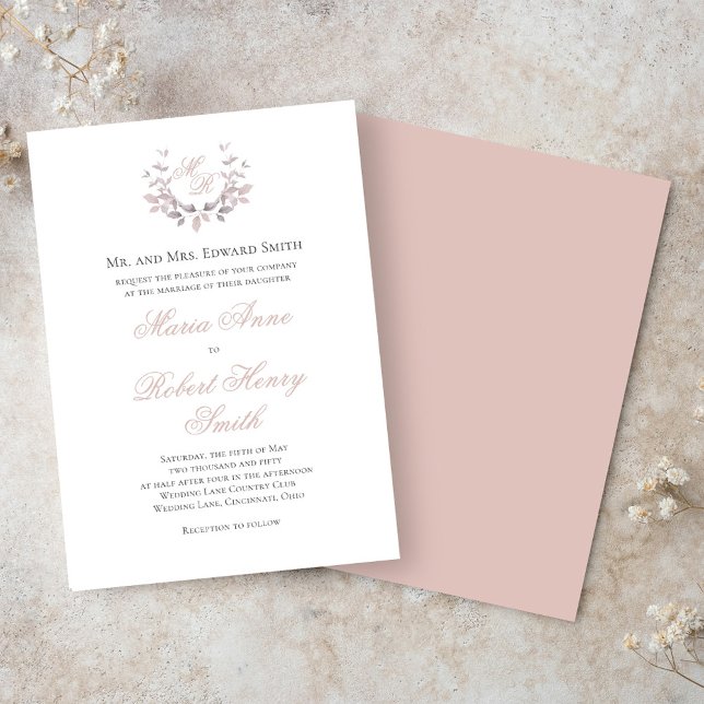 Convites Monograma do Script de Caligrafia de Casamento Ros (Elegant calligraphy script blush pink wedding invitations. )