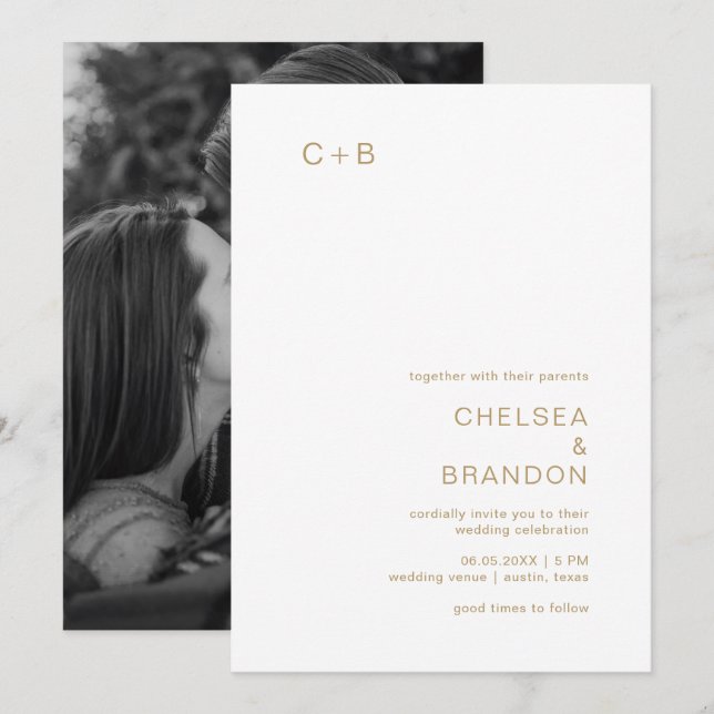 Convites Monograma Dourado Casamento Moderno (Frente/Verso)