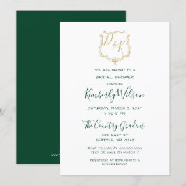 Convites Monograma Dourado Crest e Chá de panela Verde Flor