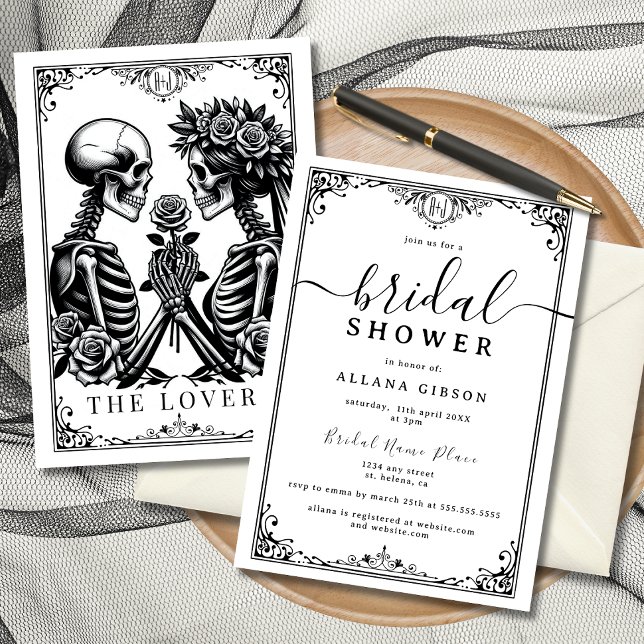 Convites Monograma Elegante Até A Morte Nos Partir De Um In (Elegant tarot-inspired bridal shower invitations featuring skeleton lovers.)
