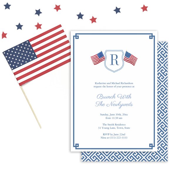 Convites Monograma elegante EUA Flag Newlyweds Brunch Wedch (Elegant Monogram Brunch With The Newlyweds Wedding Invitation in red white and blue for labor day)