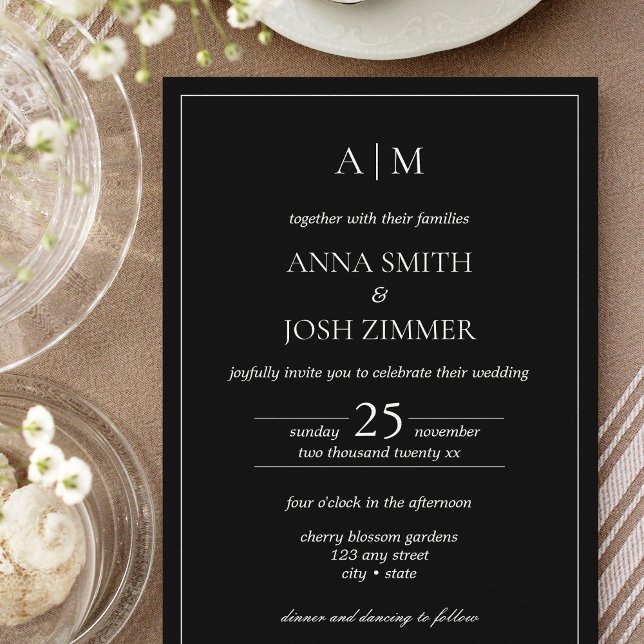 Convites Monograma Elegante preto e branco mínimo clássico (All Black Classy Wedding Invitation)