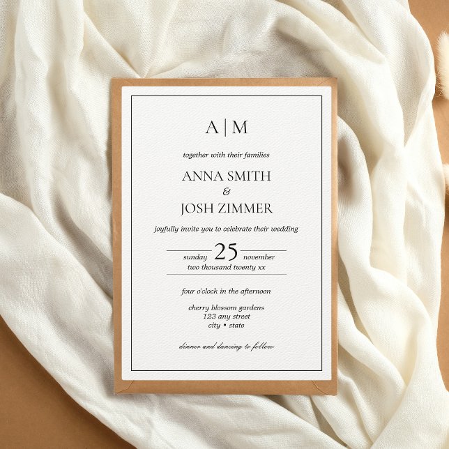Convites Monograma Elegante preto e branco mínimo clássico (Elegant Classy Black and White Wedding Invitation)