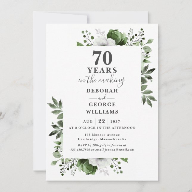 Convites Monograma Floral Aniversário de Casamento de 70 an (Frente)
