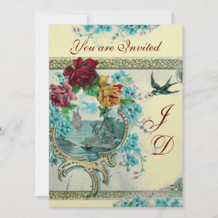 CONVITES MONOGRAMA FLORAL AZUL BRANCO ROMÂNTICO DO