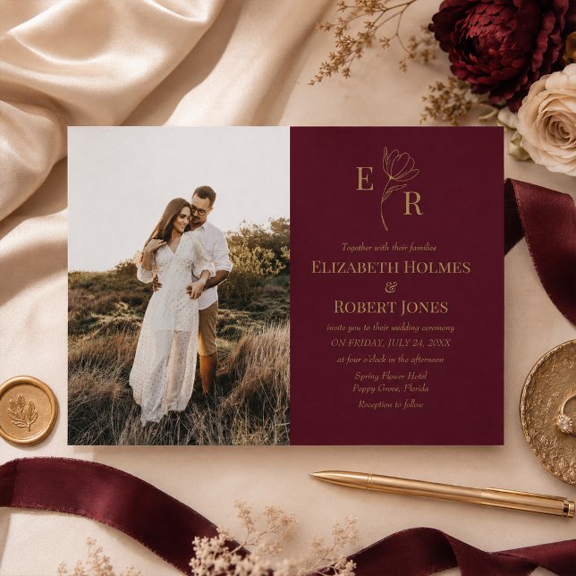 Convites Monograma Floral Borgonha Foto Salva a Data (Burgundy Floral Monogram Photo Save the Date Invitation on a table with elegant wedding decor)