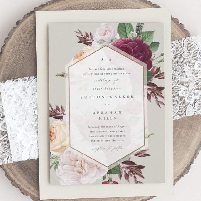 Convites Monograma Floral Casamento de Outono (Vintage floral bouquet ivory wedding invitations.)