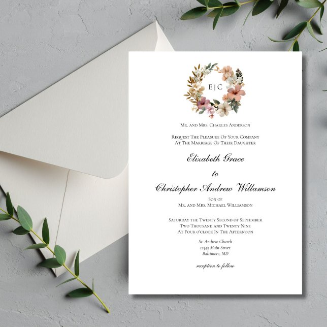 Convites Monograma Floral Casamento Formal Tradicional Eleg (Floral Monogram Crest elegant traditional minimalist classic wedding invitation. Printed or Digital)