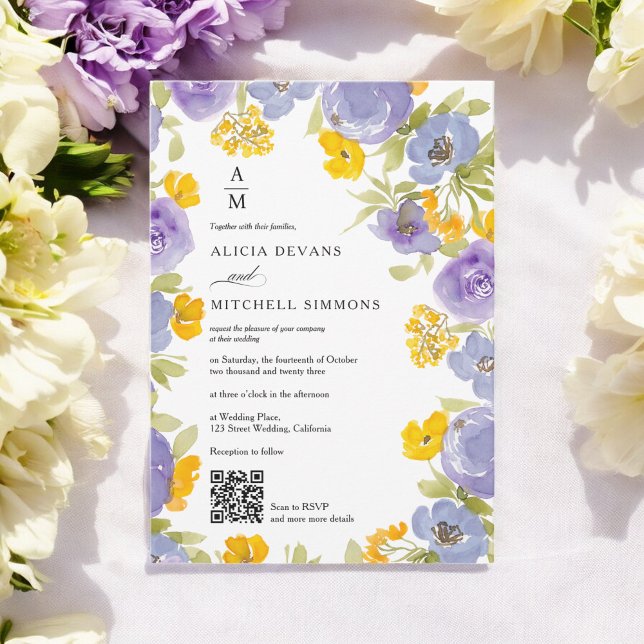 Convites Monograma Floral cor de laranja roxa Casamento fot (Purple orange Floral monogram Qr photo wedding Invitation)