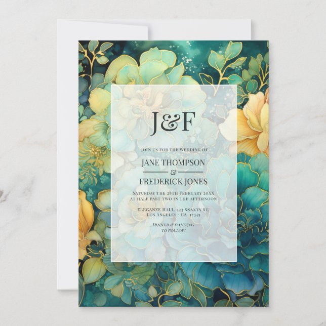 Convites Monograma Floral de Casamento com Verdigris e Dour (Frente)