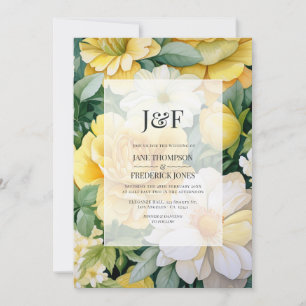 Convites Monograma Floral de Casamento em Amarelo, Branco e
