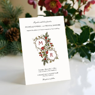 Convites Monograma Floral de Natal de Inverno Elegante Vint