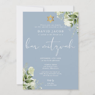 Convites Monograma Floral de Verdor Azul Bar Mitzvah
