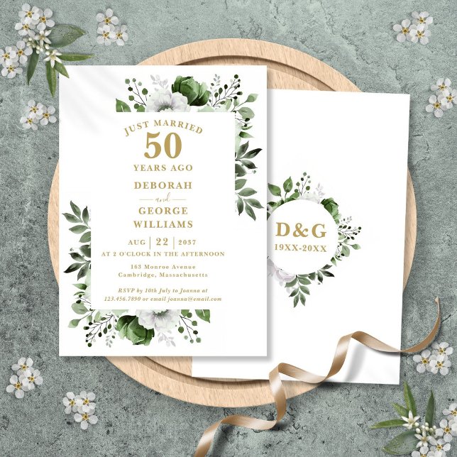 Convites Monograma Floral do 50º Aniversário do Casamento D (Gold 50th Wedding Anniversary Monogram Floral Invitation)