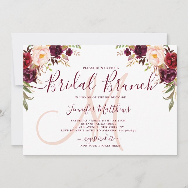 Convites Monograma Floral Elegante Bridal Brunch (Frente)