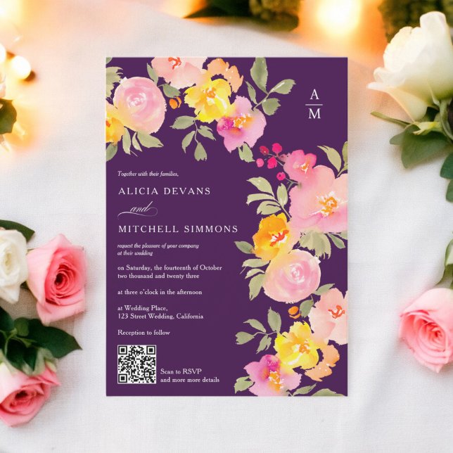 Convites Monograma floral Foto do código Qr Casamento roxo (Floral monogram Qr code photo purple wedding Invitation)