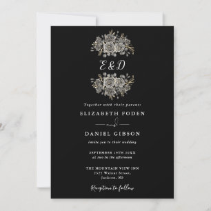 Convites Monograma Floral Gótico Preto e Branco Casamento