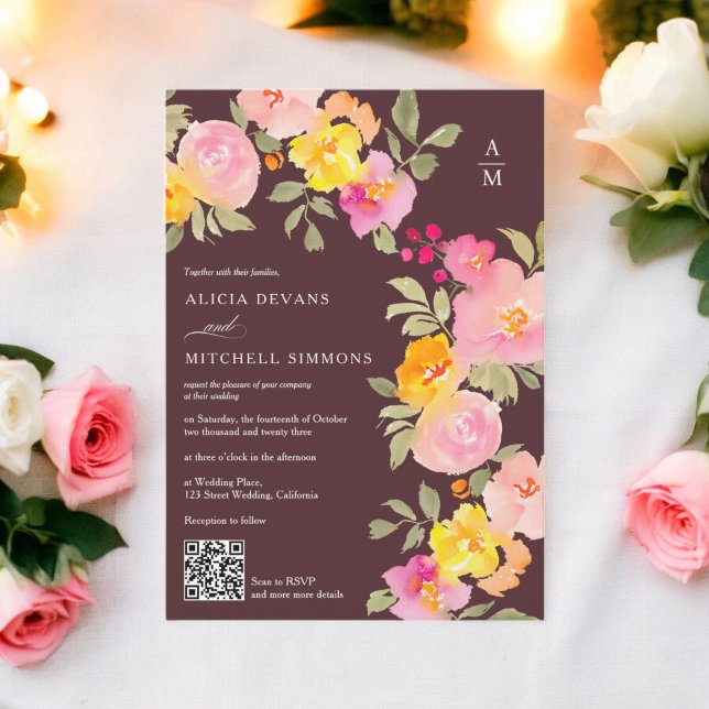 Convites Monograma floral Qr code fotografia marrom (Floral monogram Qr code photo brown wedding Invitation)