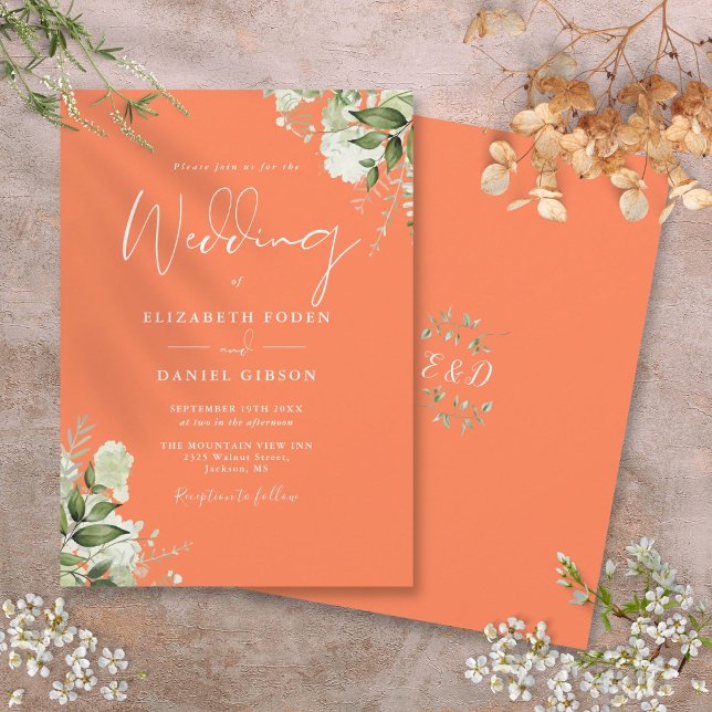 Convites Monograma Floral Verde Coral Casamento (Greenery Floral Monogram Coral Wedding Invitation)
