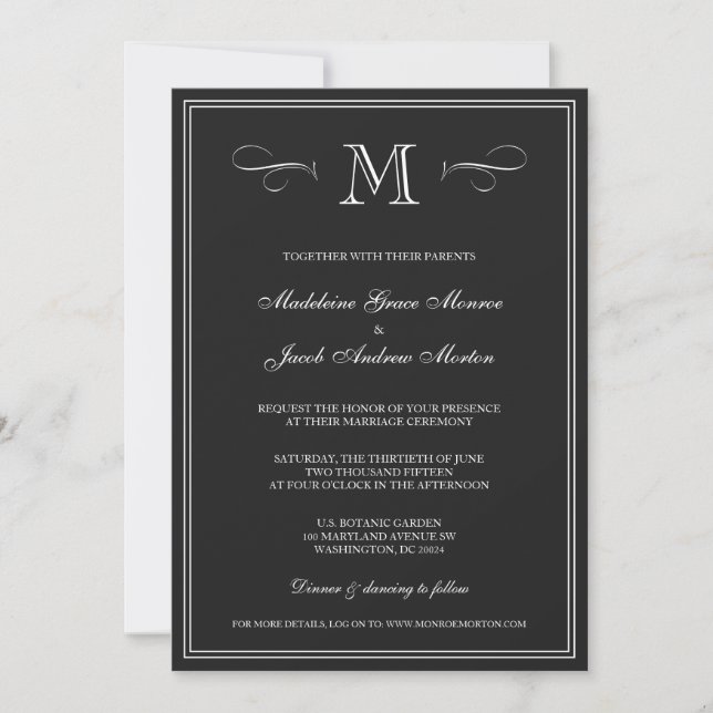 Convites Monograma formal| Casamento preto e branco (Frente)