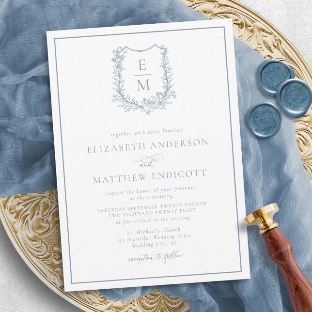 Convites Monograma Formal Crest Dusty Blue Casamento (Criador carregado)