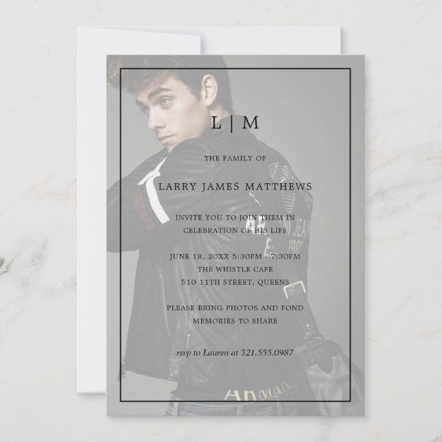 Convites Monograma Foto Moderna Celebração da Vida (Frente)