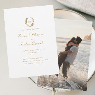 Convites Monograma Foto para salvar a data Casamento Dourad