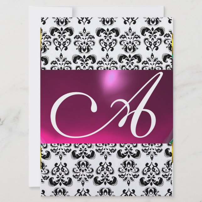 Convites MONOGRAMA GEM DAMASK roxo rosa gelo branco (Frente)