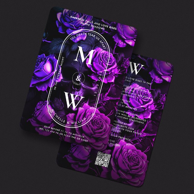 Convites Monograma Gótico Rosas de Casamento Caveira Escuro (Gothic Monogram Wedding Skull Dark Purple Roses Invitation
)