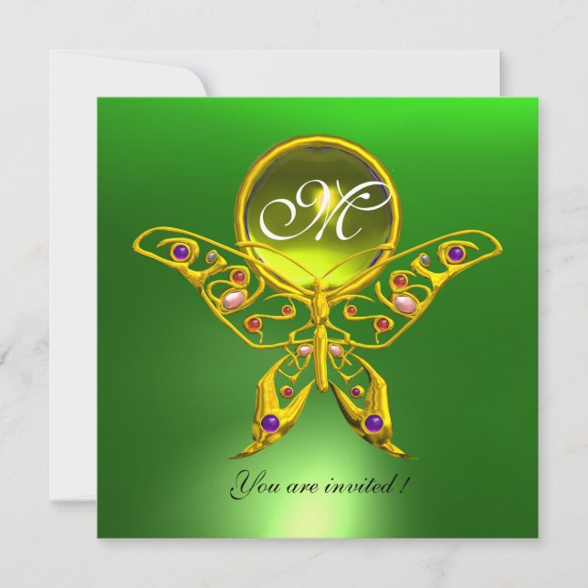 Convites MONOGRAMA HIPER BORBOLETA, verde ,topázio amarelo (Frente)