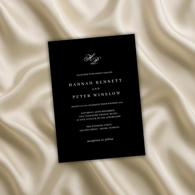 Convites Monograma inicial Casamento preto e branco (Criador carregado)