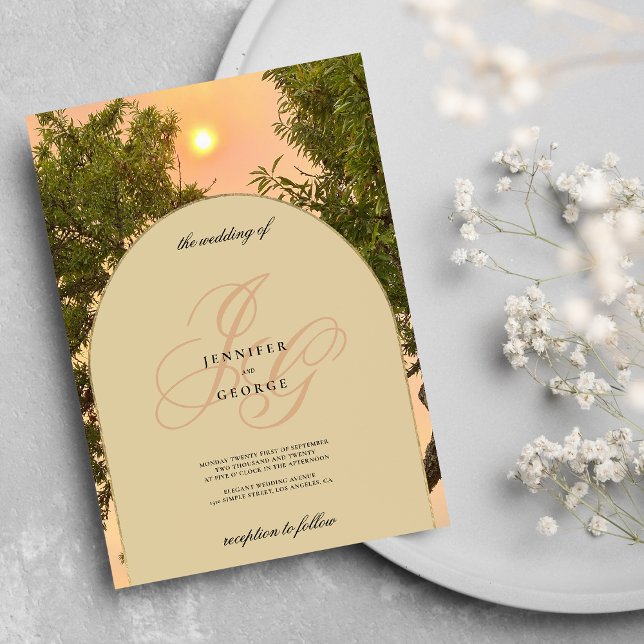 Convites Monograma inicial de marfim de marfim de laranja v (Green orange ivory sunset monogram initials wedding )