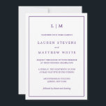 Convites Monograma, Joias, Roxo, Tudo Em Um Casamento<br><div class="desc">Convite simples de casamento completo, com um design moderno, mas elegante, com seu monograma de duas letras no topo e seus detalhes cercados por uma fronteira fina. Todos os elementos de design são roxos reais sobre um fundo branco e podem ser alterados para qualquer cor desejada na ferramenta de edição...</div>