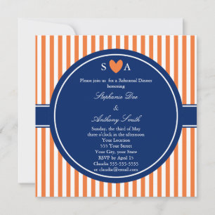 Convites Monograma Laranja e White Stripes com Azul Real